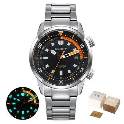 Relógio de mergulho BERNY para homem, automático mecânico, 200M impermeável, superluminoso, 42mm, safira, para natação e mergulho