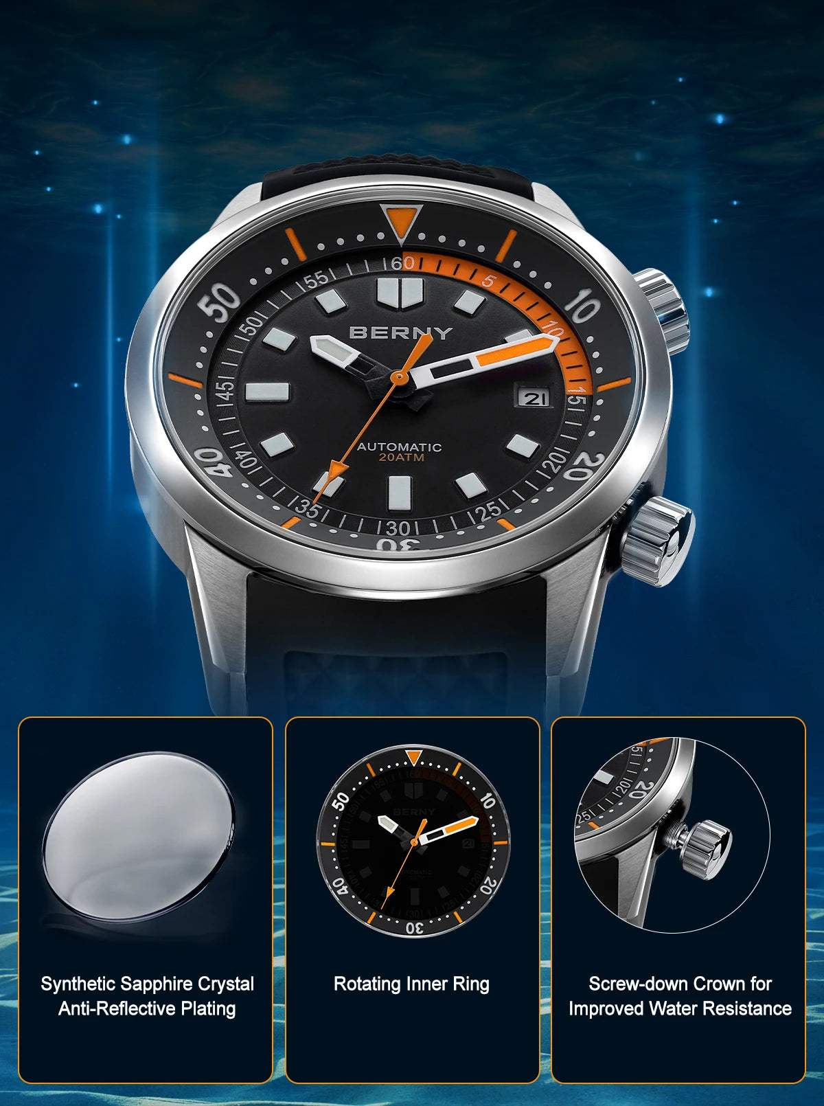 Relógio de mergulho BERNY para homem, automático mecânico, 200M impermeável, superluminoso, 42mm, safira, para natação e mergulho