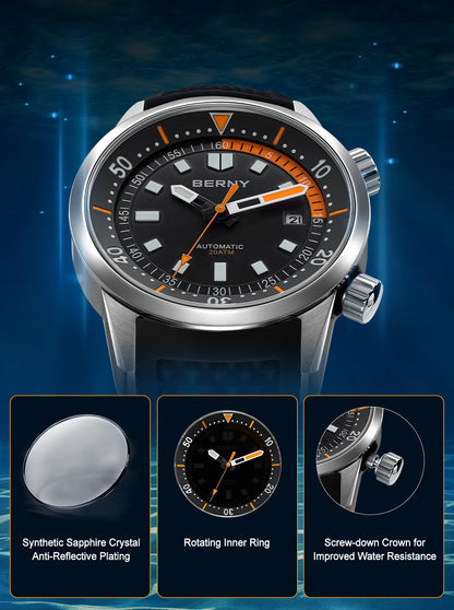 Relógio de mergulho BERNY para homem, automático mecânico, 200M impermeável, superluminoso, 42mm, safira, para natação e mergulho