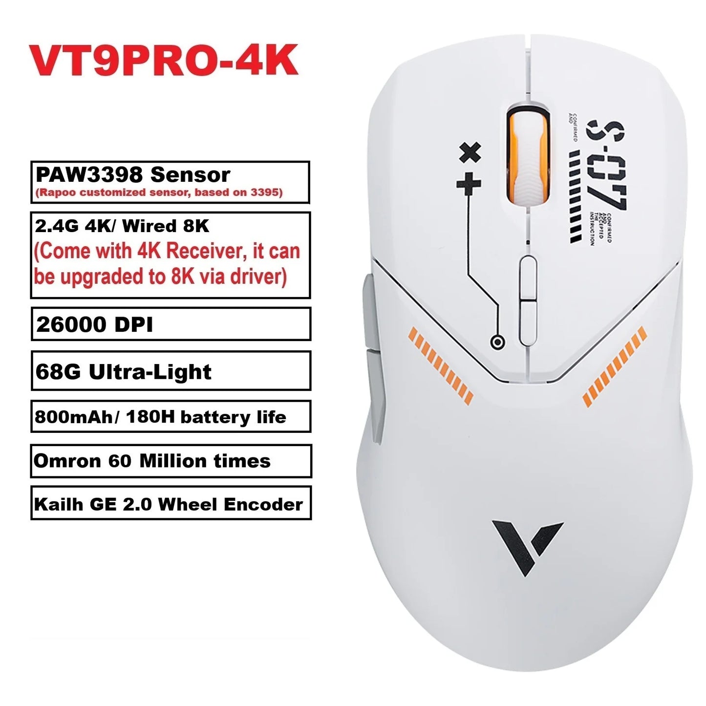 Rapoo VT9PRO PAW3398 безжична геймърска мишка 68g, кабелна, програмируема, ергономична, 26000DPI, презареждаема чрез Type C, аксесоар за PC геймъри