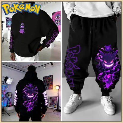 Black Hoodie and Pants Set with Pokemon Character Print Sleeve and Side Text Streetwear Anime Tracksuit for Men Unisex Casual