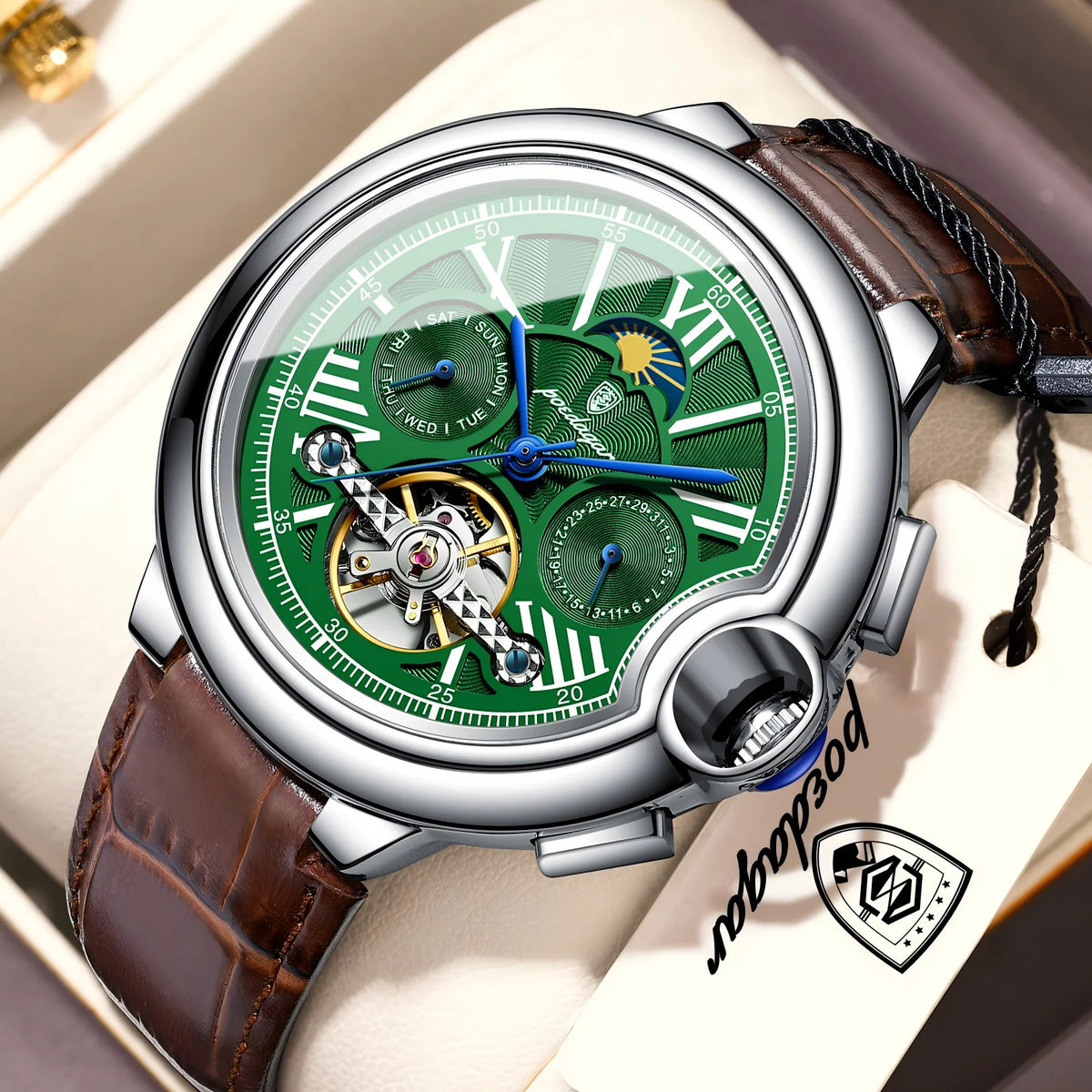 Reloj de lujo para hombre POEDAGAR: modelo automático mecánico con indicador de fecha y día, correa de piel, tourbillon, resistente al agua, estilo elegante y profesional.