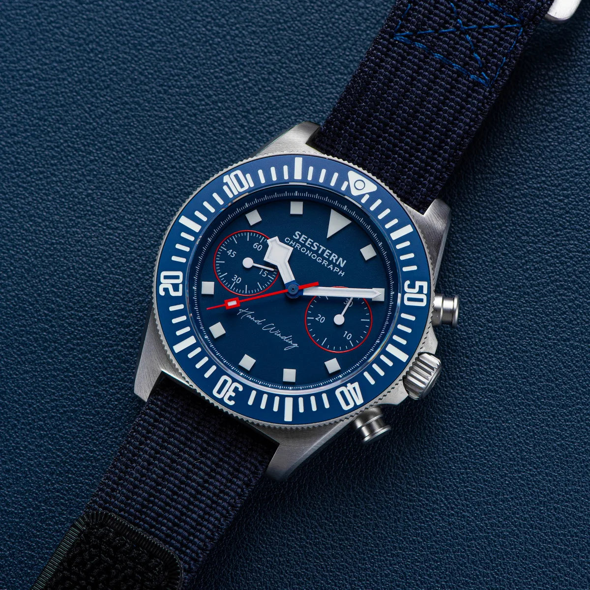 SEESTERN Chronograph Herren-Mechanikuhr Tianjin ST1901 Uhrwerk Saphirglas-Armbanduhr mit Nylon-Klettarmband, Leuchtzeigern und Skelettdesign