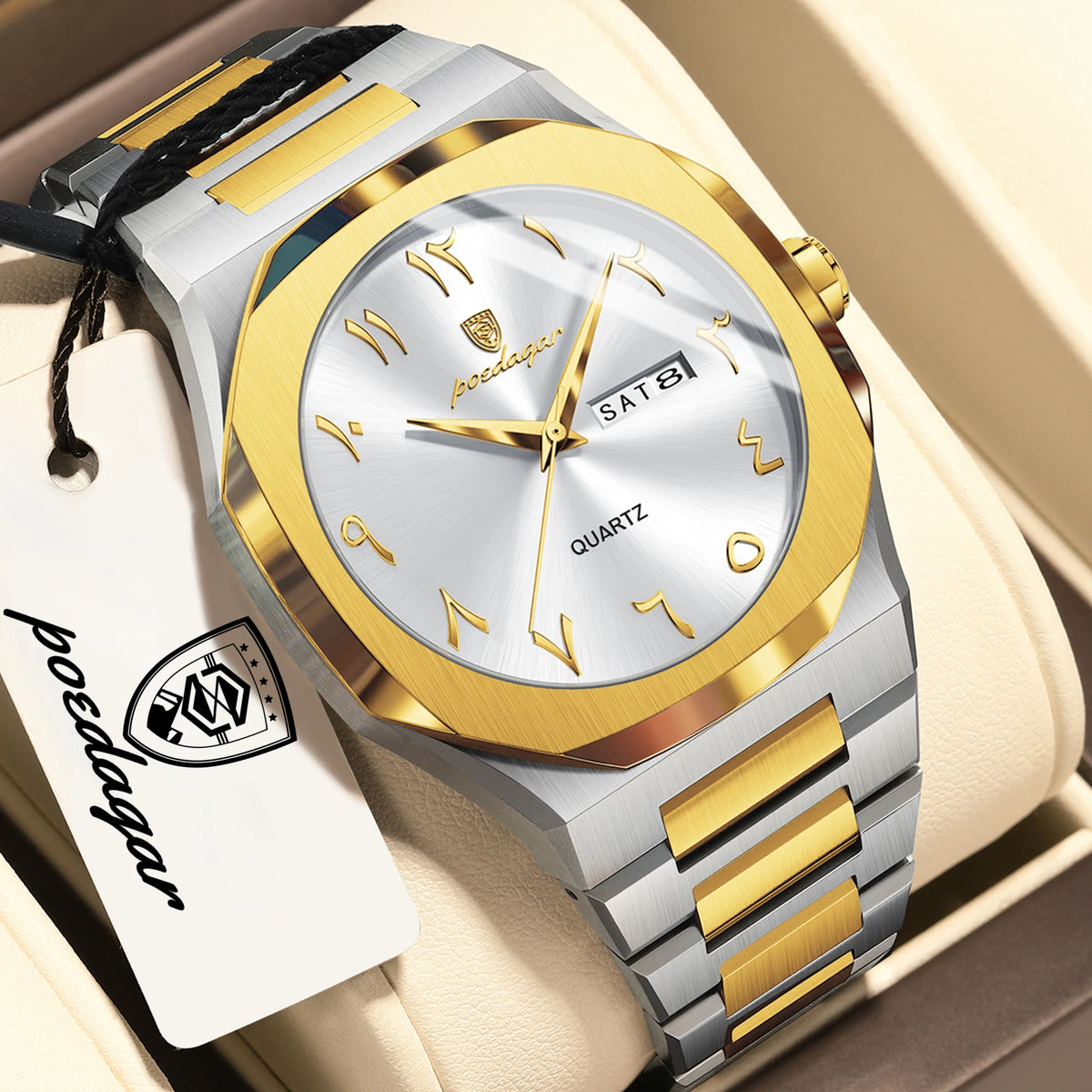 POEDAGAR Luxus-Herrenuhr, wasserdichte Quarzuhr aus Edelstahl, Herrenuhr mit Wochentagsanzeige und Datumsanzeige, Business-Herrenuhren, Reloj Hombre