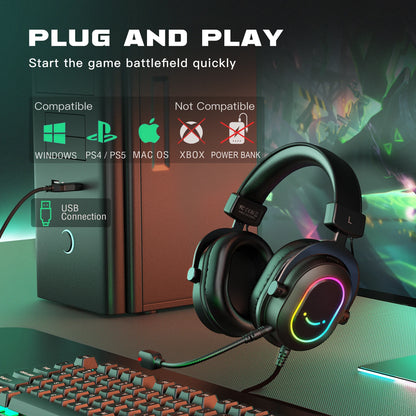 FIFINE RGB-Gaming-Headset mit Mikrofon – kabelgebundene USB-Over-Ear-Kopfhörer mit 7.1-Surround-Sound für PC, PS4, PS5, mit EQ-Modi & Geräuschisolierung