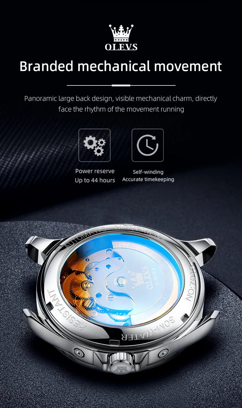 OLEVS 7013 Men’s Automatic Mechanical Watch Moon Phase, Roman Numeral Dial, Skeleton Flywheel, Luminous & 30M Waterproof