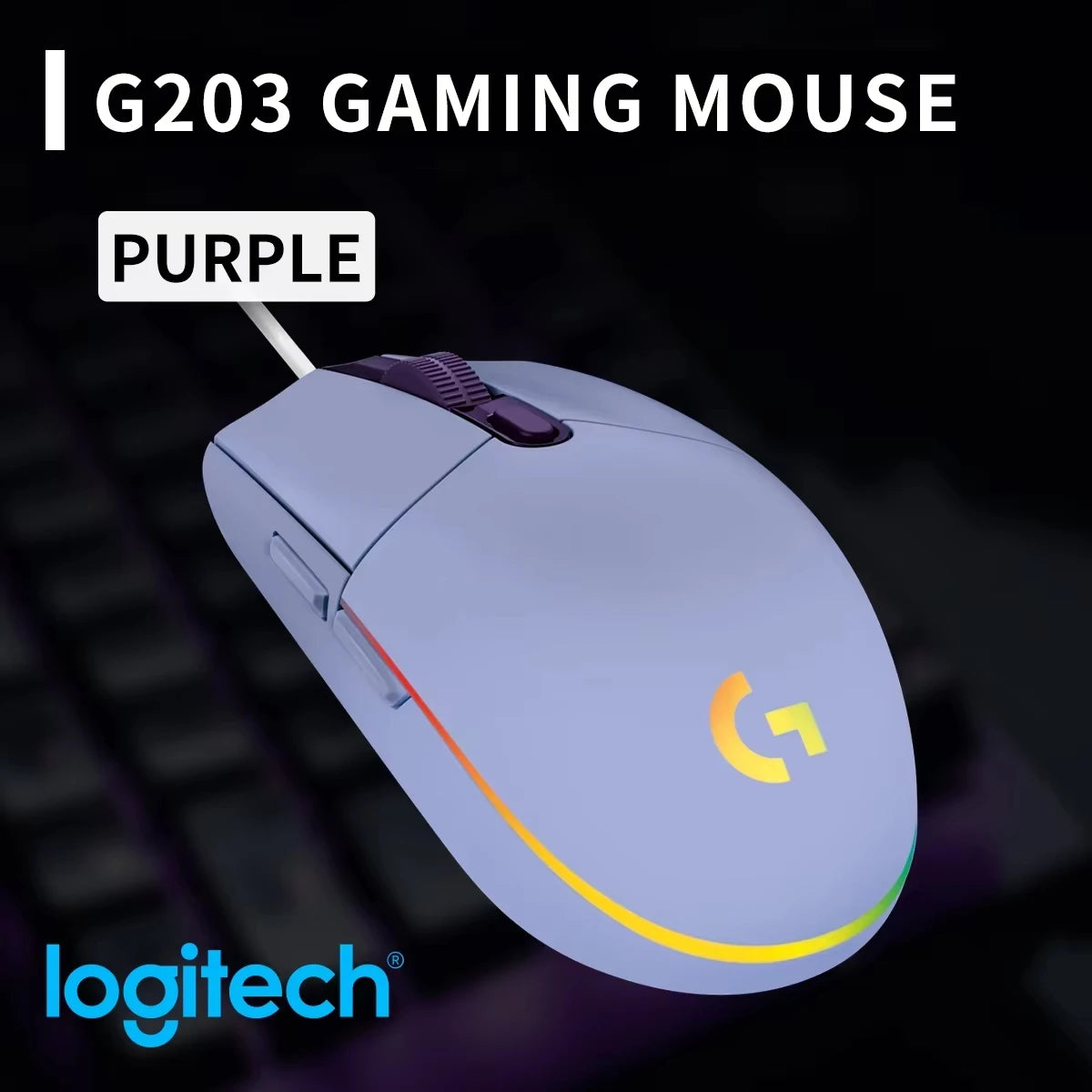 Logitech G102 G203 laidinė žaidimų pelė, 2.1 metro ilgio laidas, 8000 DPI, RGB efektai, skirta PC, nešiojamajam kompiuteriui, biurui ir gamer’iams, lanksti