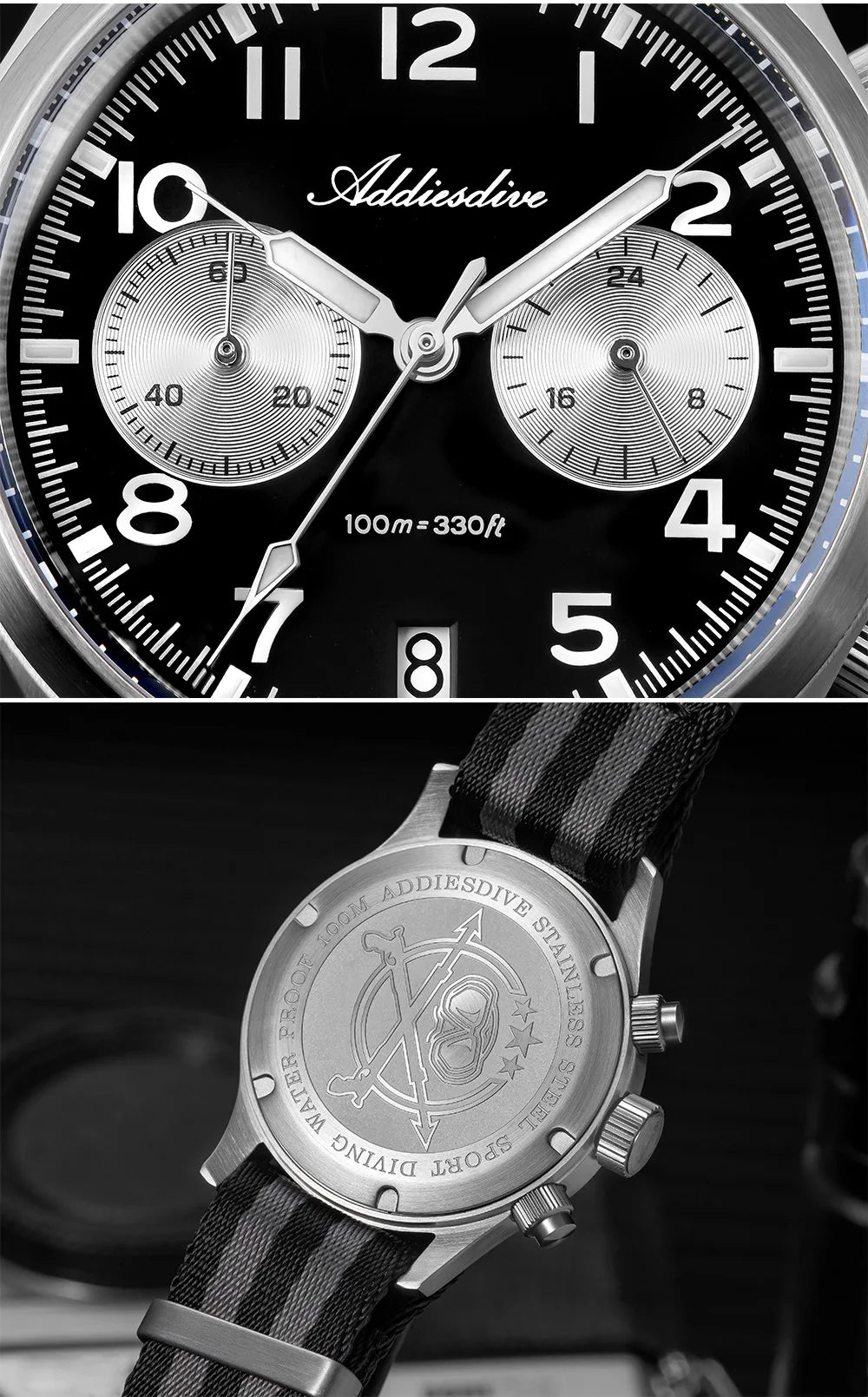 ADDIESDIVE 2025 neue Panda Eye Herrenuhr, Retro-Luxus, VK64 Quarzuhr für Herren, Sport-Chronograph, 100M wasserdicht, leuchtend