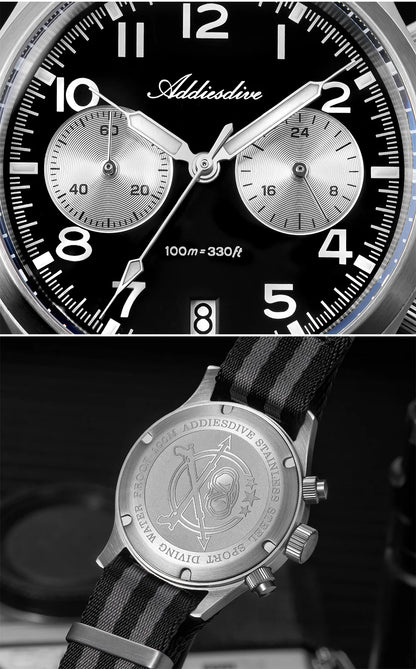 ADDIESDIVE 2025 neue Panda Eye Herrenuhr, Retro-Luxus, VK64 Quarzuhr für Herren, Sport-Chronograph, 100M wasserdicht, leuchtend