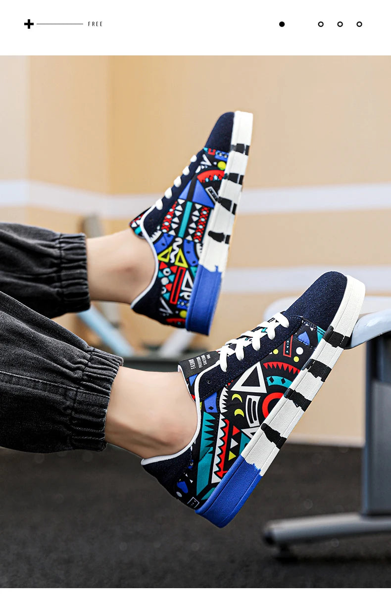YRZL Men's Sports Running Shoes Canvas Geometric Style Lace-Up Sneakers Couples' Fashionable Graffiti Print Skate Shoes