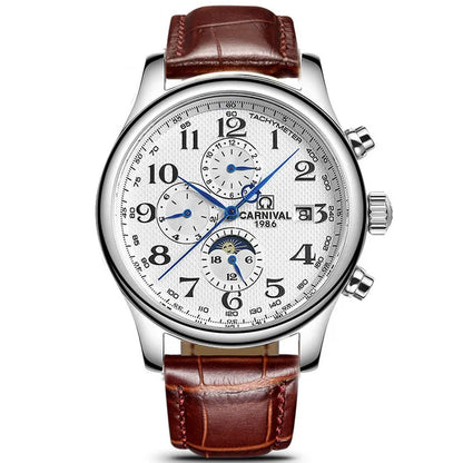 Carnival Brand Automatic Watch, Fashion Luxury Waterproof Calendar with Moon Phase, Mechanical Watches for Men