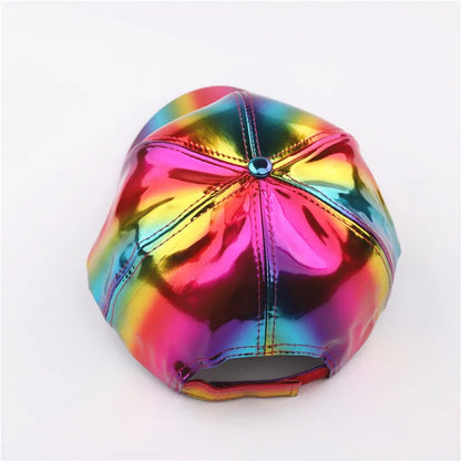 Unisex PU Rainbow Color Changing Baseball Hat Fashion Adult Laser Hip Hop Cap Outdoor Casual Snapback Shiny Party Dressing Hat