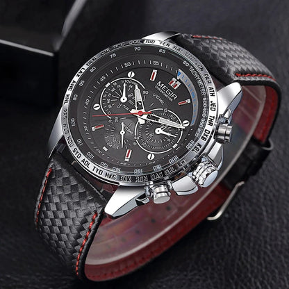 Montre-bracelet analogique à quartz pour homme MEGIR – Montre de luxe étanche avec bracelet en cuir, style décontracté, modèle 1010 (noir)