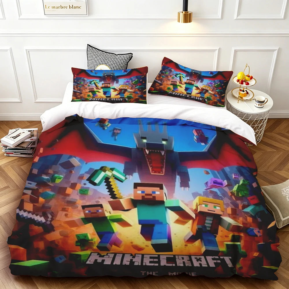 Cartoon Duvet Cover Set Minecraft Quilt Cover Bedding Set Soft and Comfortable for Bedroom Dormitory Best Gifts