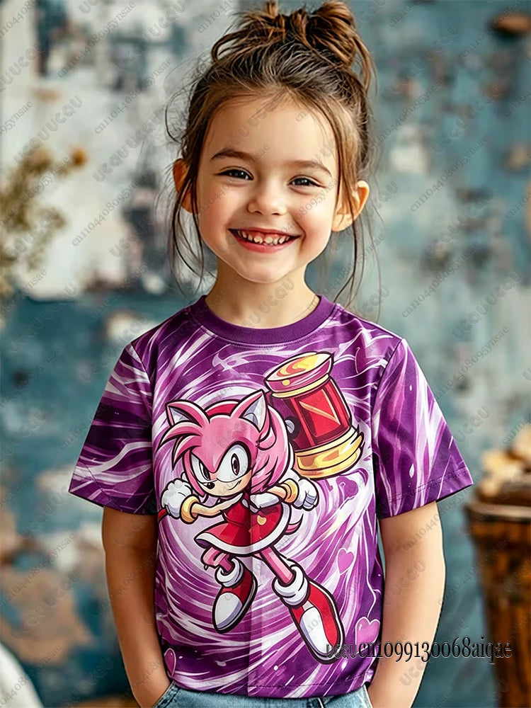 Cartoon Sonic Print Cosplay T-shirt For Adult/Kids Summer Boys Girls Cute Tshirts Casual Round Neck Street Clothing Sonic Tshirt