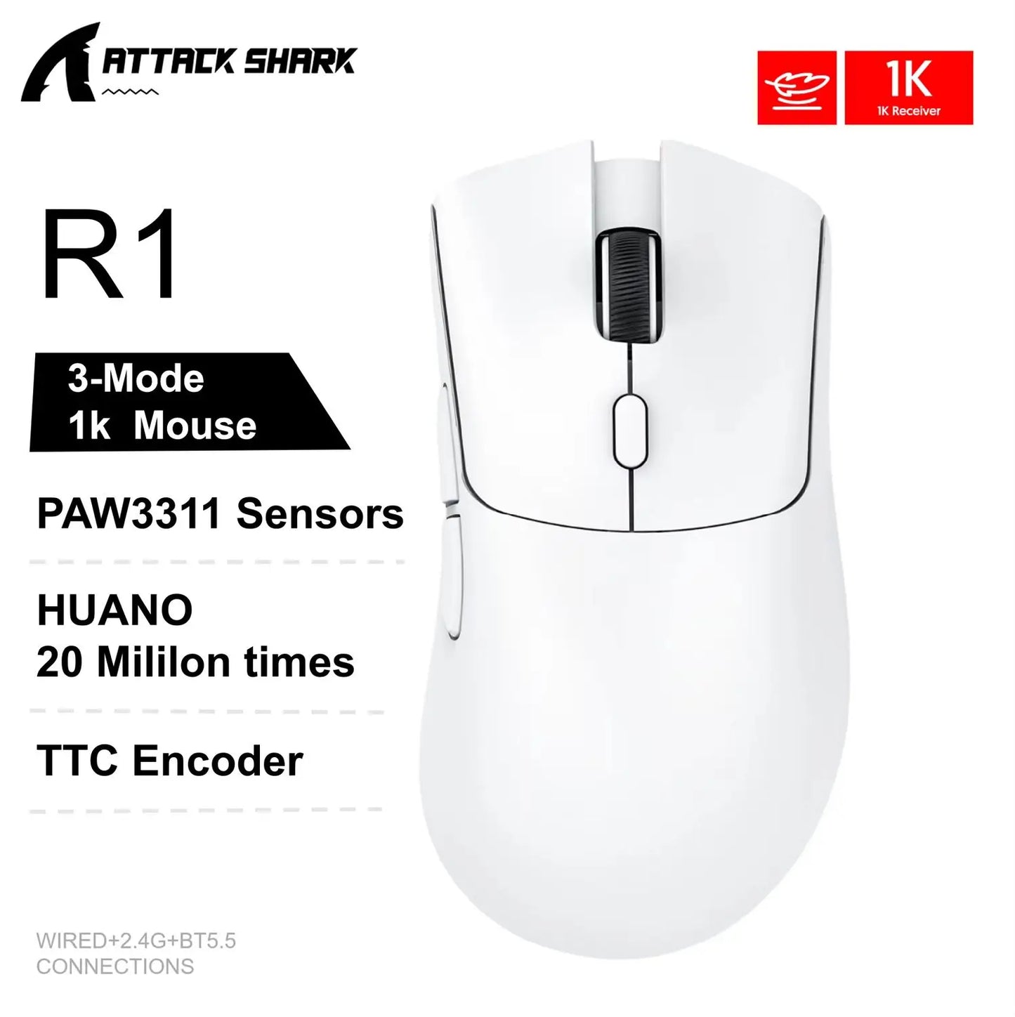 Attack Shark X11&R1 -kolmitilainen Bluetooth-langaton hiiri latausalustalla, RGB-valaistus, ergonominen ja kevyt PC-pelitarvike