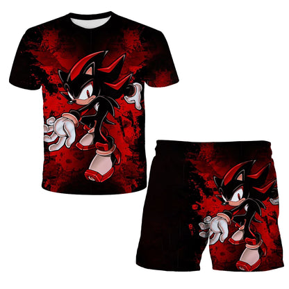 New Boys T-shirt Sonic The Hedgehog 3D T-shirt Set for Boys Girls Cute Summer Top + Shorts Children's Short-Sleeve Birthday Gift