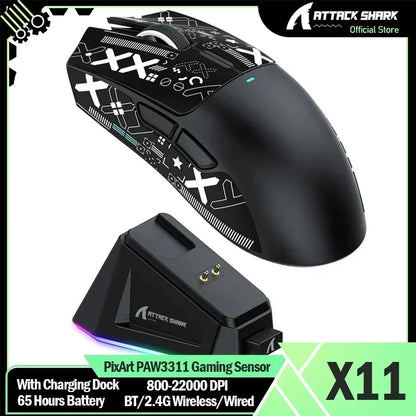 Ratón gaming inalámbrico ATTACK SHARK X11 Original Brand con base de carga, sensor gaming PixArt PAW3311, conexión BT/2.4G inalámbrica/con cable