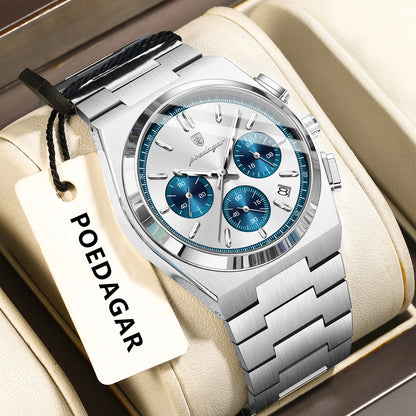 POEDAGAR herenhorloge – Luxe chronograaf van roestvrij staal, met datum, waterdicht en lichtgevend – Sportief quartz-polshorloge