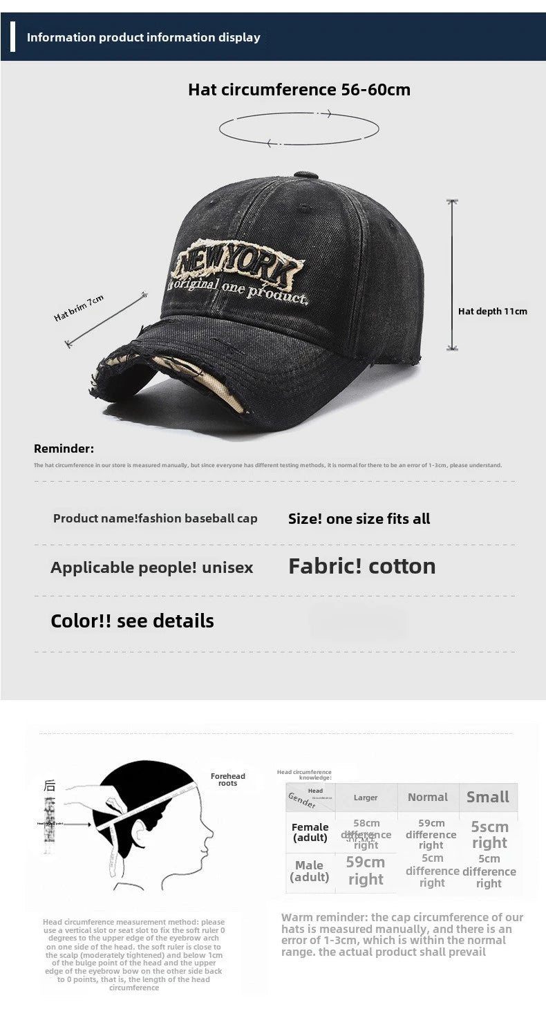 Vintage Old Hole Embroidery Letters Cowboy Baseball Cotton Soft Top Men's and Women's Spring and Summer Casual 56-60cm Sun Hat