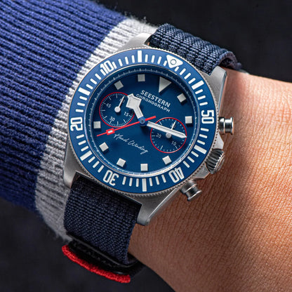 SEESTERN Chronograph Herren-Mechanikuhr Tianjin ST1901 Uhrwerk Saphirglas-Armbanduhr mit Nylon-Klettarmband, Leuchtzeigern und Skelettdesign