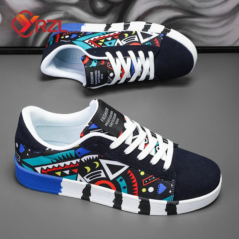 YRZL Men's Sports Running Shoes Canvas Geometric Style Lace-Up Sneakers Couples' Fashionable Graffiti Print Skate Shoes