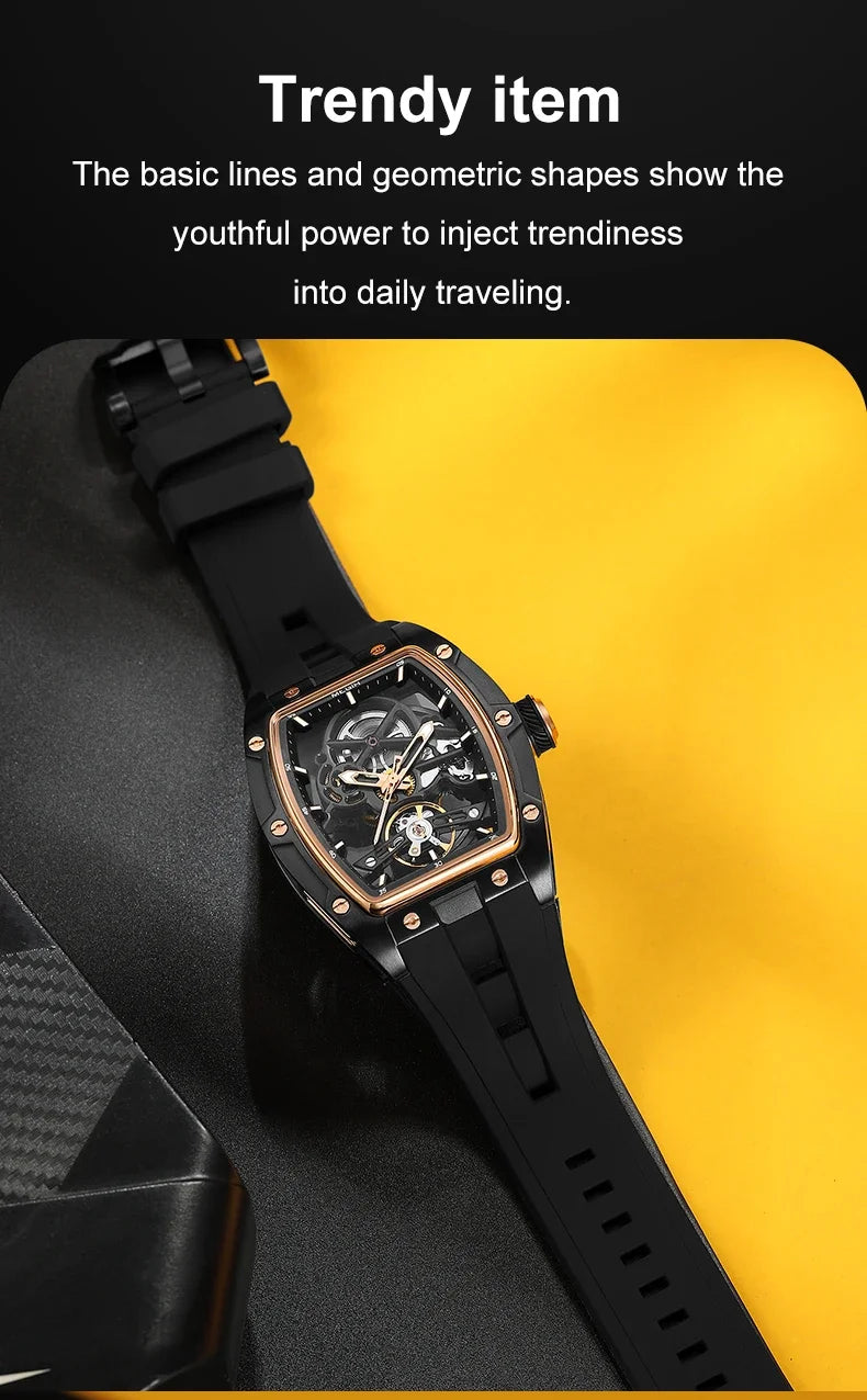 MEGIR MG-2242G Men’s Automatic Mechanical Watch  Skeleton Barrel Case, Luminous Hands & Silicone Strap