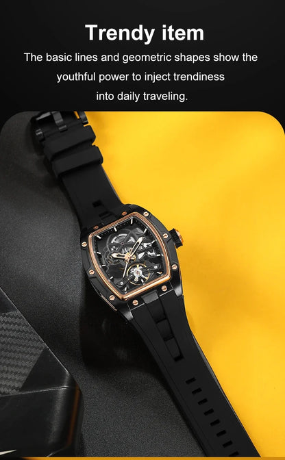 MEGIR MG-2242G Men’s Automatic Mechanical Watch  Skeleton Barrel Case, Luminous Hands & Silicone Strap