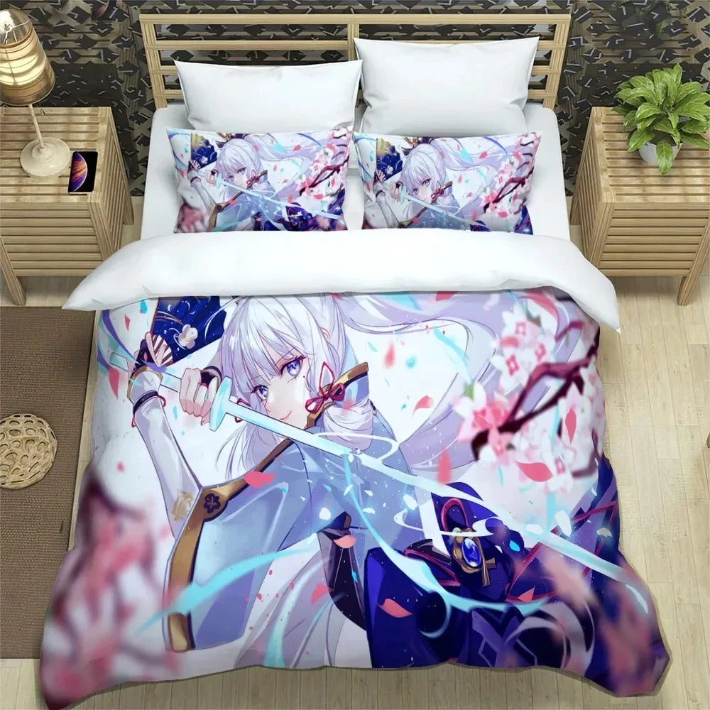 Conjunto de cama Anime Genshin Impact para rapaz e rapariga, tamanhos Twin e Queen, capa de edredão e fronha, roupa de cama moderna para crianças e adultos, têxtil-lar