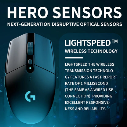 Logitech G305 wireless mouse, 12000 DPI, HERO sensor, 9-month battery life, sensitive hotkeys, suitable for casual gamers.
