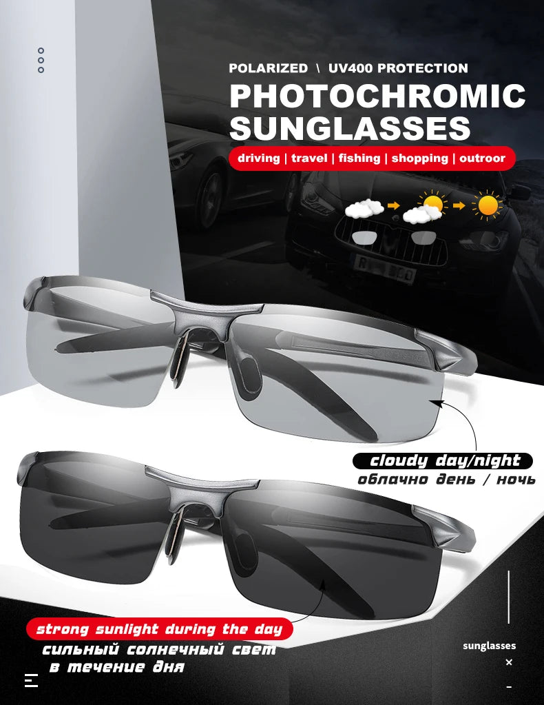 CLLOIO Hliníkové bezrámové fotochromatické sluneční brýle pro muže, polarizované, řidičské, chameleonové, protisvětelné, cestovní, rybářské, UV400