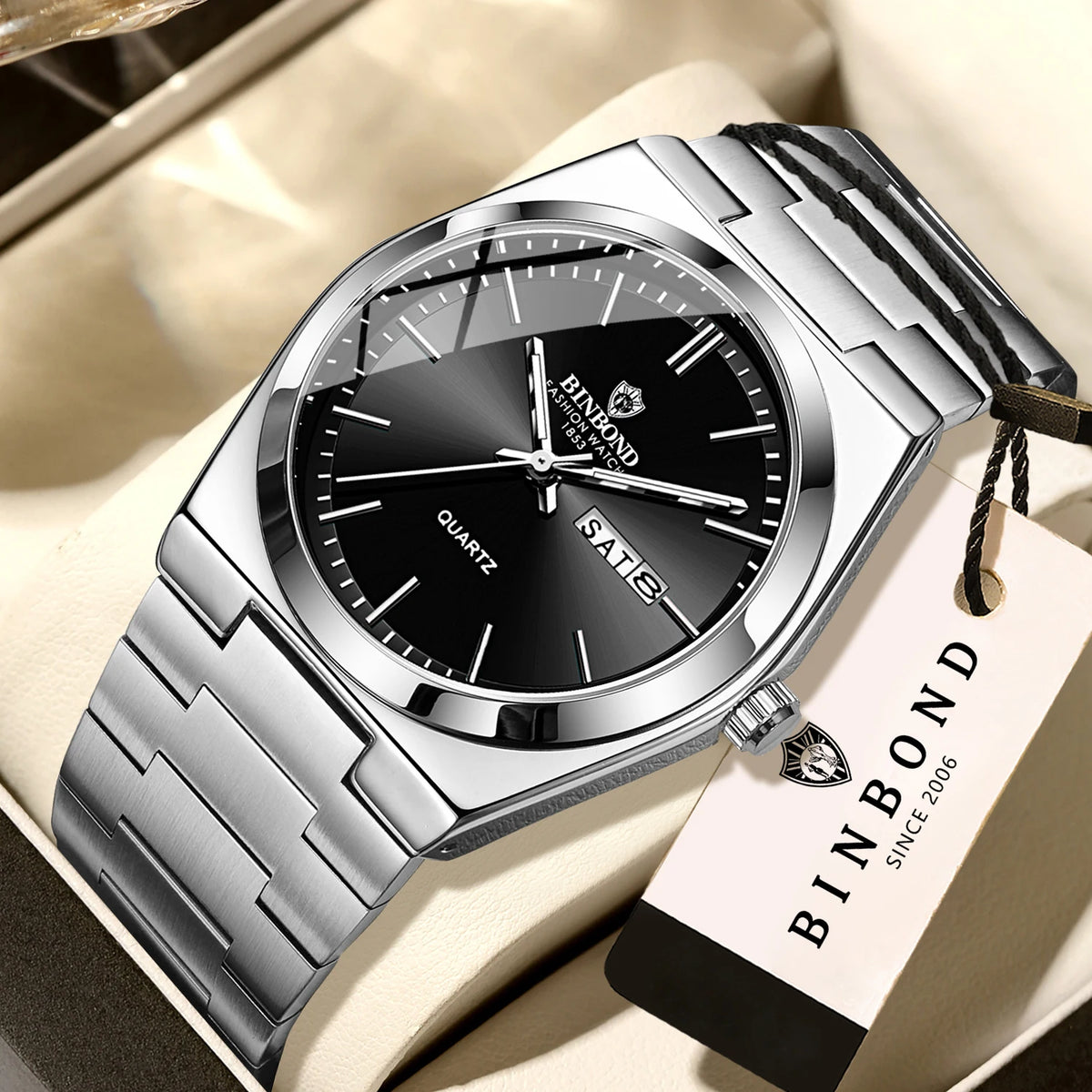 Reloj de pulsera de cuarzo de lujo BINBOND, luminiscente, resistente al agua, con indicación del día de la semana y fecha automática, correa de acero, estilo ejecutivo, deportivo, moderno y desenfadado.
