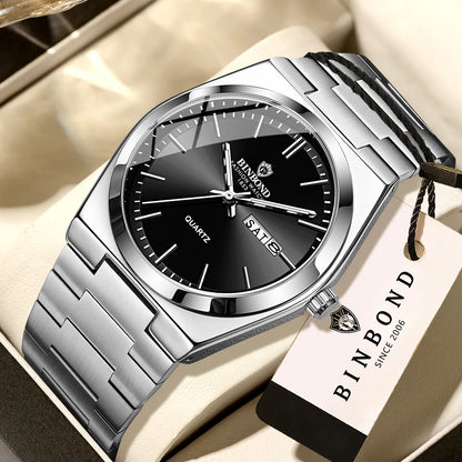 Reloj de pulsera de cuarzo de lujo BINBOND, luminiscente, resistente al agua, con indicación del día de la semana y fecha automática, correa de acero, estilo ejecutivo, deportivo, moderno y desenfadado.