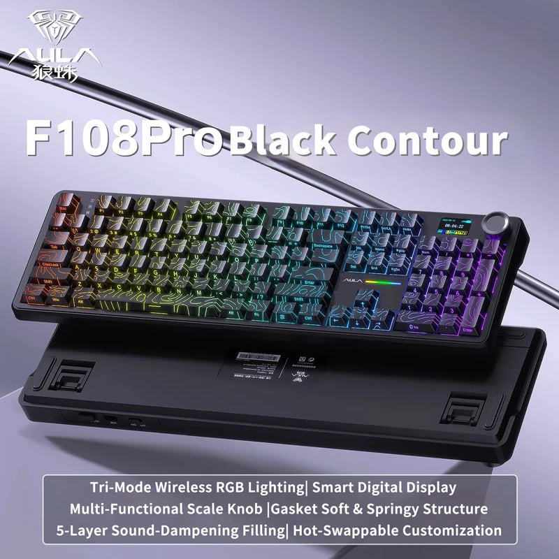 Tastiera meccanica AULA F108 PRO personalizzata layout 100%, retroilluminazione RGB, wireless Bluetooth, switch HiFi, tastiera gaming
