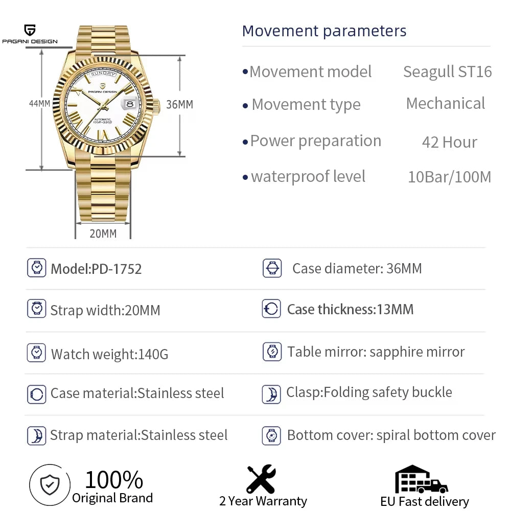 PAGANI DESIGN New DD36 Rose Gold Luxury Automatic Mechanical Watch For Men ST16 100M Waterproof AR Sapphire Glass Wristwatch Men