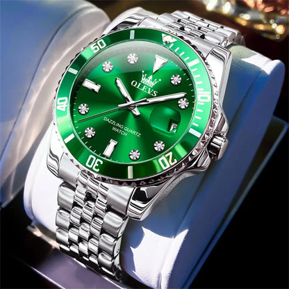 OLEVS herenhorloge – Luxe horloge, professionele stijl, waterdicht, met datumweergave, lichtgevende wijzers, roestvrijstalen kast en blauwe wijzerplaat – Kwartshorloge