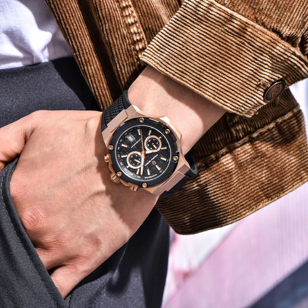 PAGANI DESIGN Men's Watches Luxury Rose Gold Sport Chronograph Japan VK64 Quartz Watch For Men Fluororubber Strap Wristwatch Men