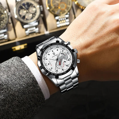 POEDAGAR luxury men’s watch, water-resistant, luminous, date display, sporty, stainless steel bracelet, quartz movement.