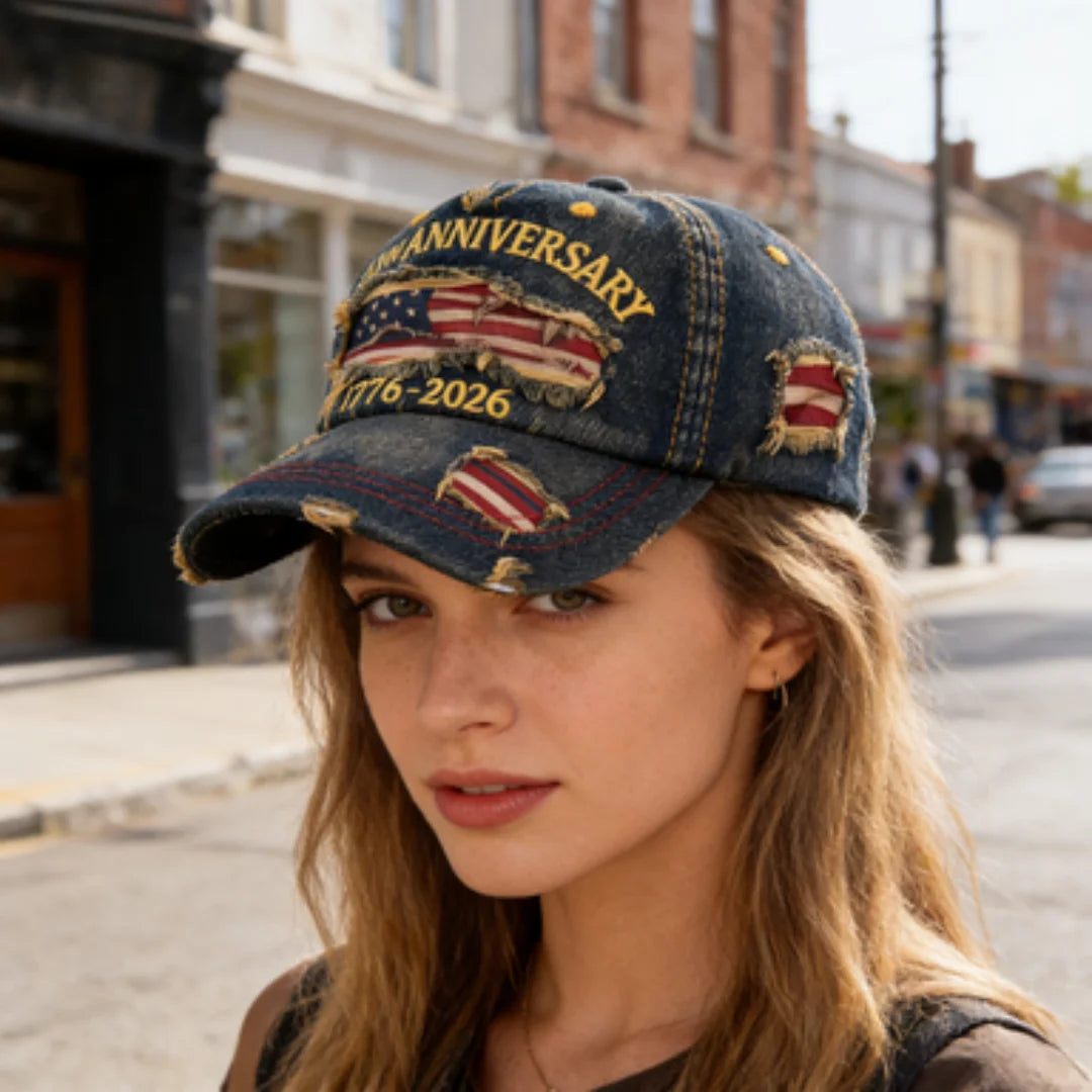 Vintage USA Flag 250th Anniversary 1776-2026 Distressed Denim Baseball Cap Adjustable Patriotic Dad Hat for Men Women