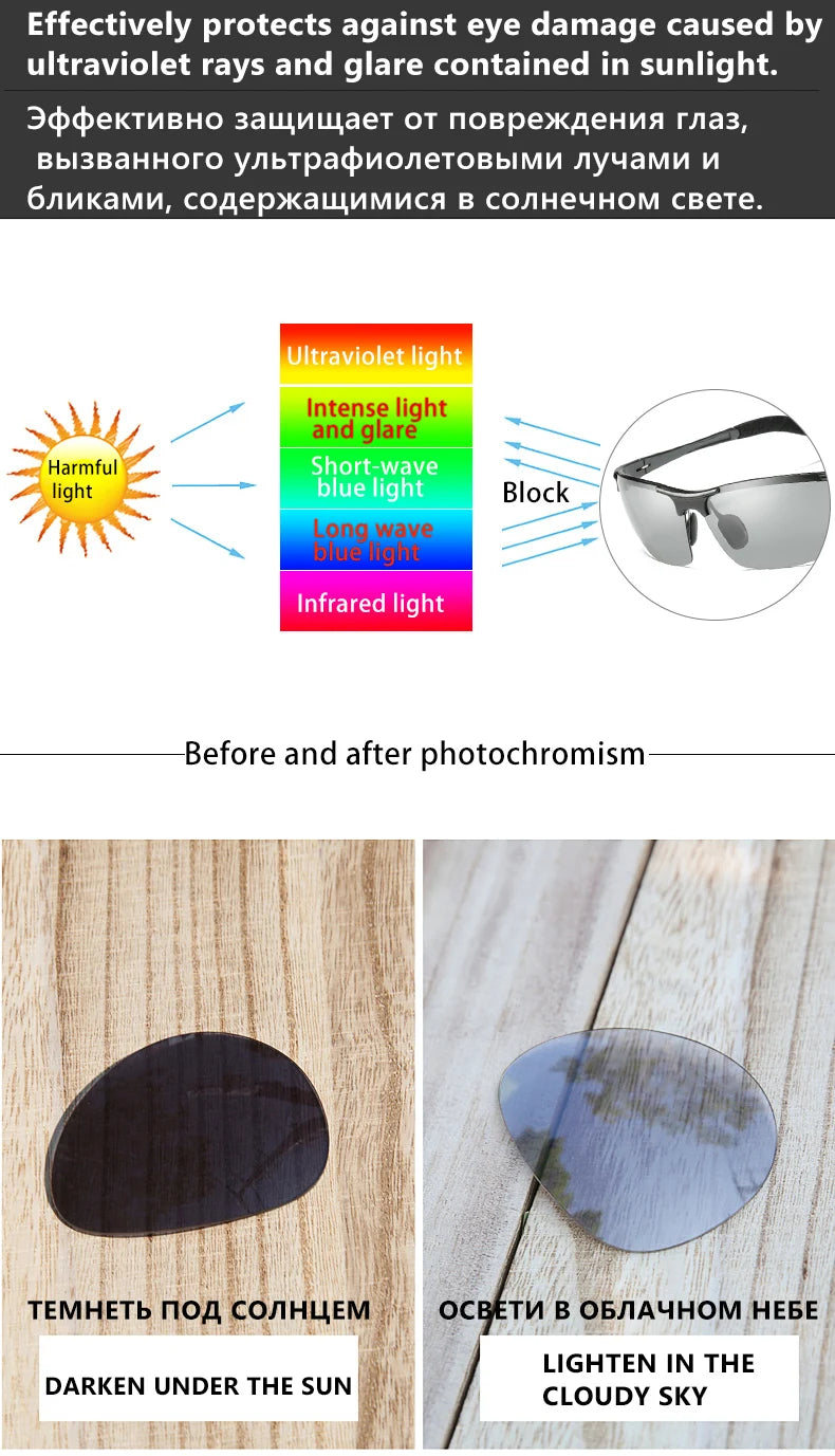 CLLOIO Hliníkové bezrámové fotochromatické sluneční brýle pro muže, polarizované, řidičské, chameleonové, protisvětelné, cestovní, rybářské, UV400