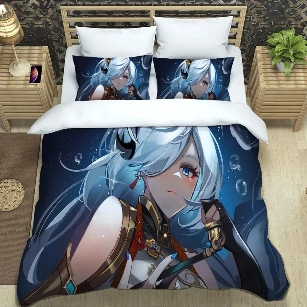 Conjunto de cama Anime Genshin Impact para rapaz e rapariga, tamanhos Twin e Queen, capa de edredão e fronha, roupa de cama moderna para crianças e adultos, têxtil-lar