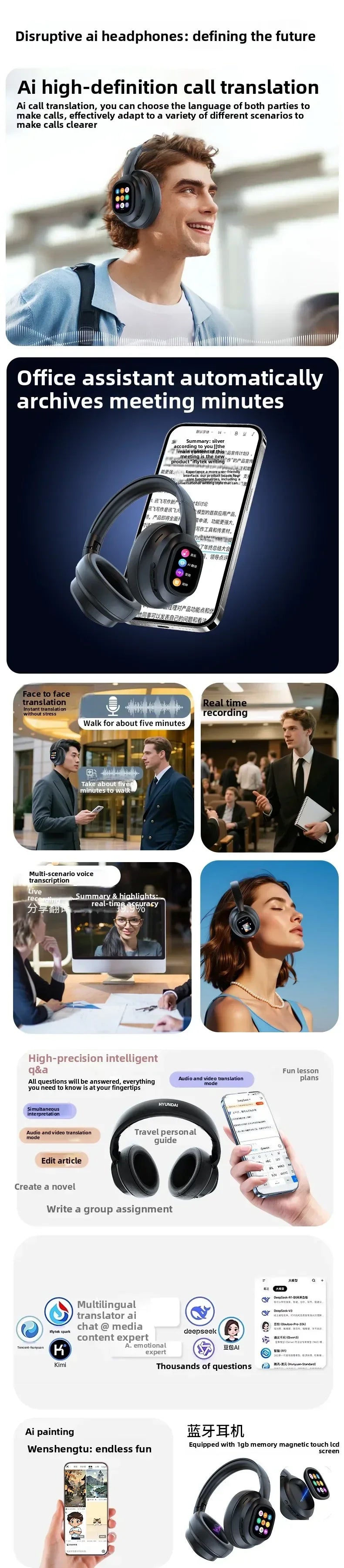Auriculares HYUNDAI X1PRO inalámbricos Bluetooth 6.0 con traducción por IA – Más de 100 idiomas, control táctil, pantalla LED y cancelación de ruido