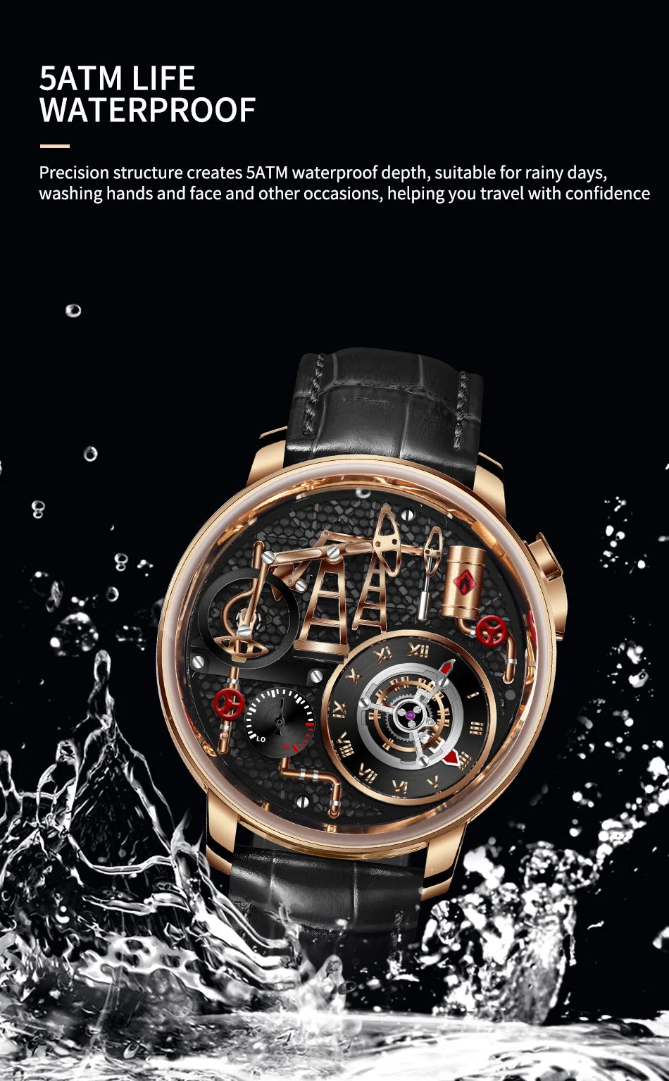 Reloj de cuarzo PINDU NEW TOP con bomba de aceite de botón para hombre de negocios, 45.5MM, cristal de zafiro, resistente al agua, correa de cuero para hombre