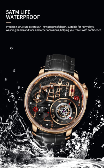 Reloj de cuarzo PINDU NEW TOP con bomba de aceite de botón para hombre de negocios, 45.5MM, cristal de zafiro, resistente al agua, correa de cuero para hombre