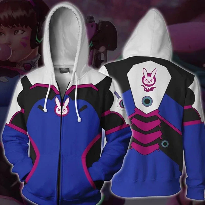 Anime gaming hoodie majica s kapuljačom, 3D print Overwatches DVA DJ, cosplay kostim za žene, muškarce i parove, jakna s kapuljačom, gornji odjevni predmet