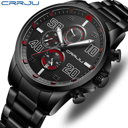 Montre pour homme CRRJU – Chronographe de luxe, grand cadran, acier inoxydable, étanche, avec affichage de la date