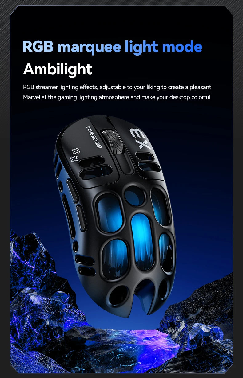 2026 Hollow-out Design Lightweight Computer Game Accessories 3-Mode Bluetooth Wireless Mouse Laptop Rechargeable RGB Backlight