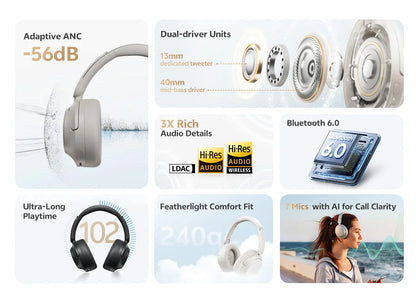 QCY H3S -56dB ANC adaptativa Auriculares Bluetooth 6.0 circumaurales – Auriculares inalámbricos Hi-Res LDAC, batería de 102H, sonido espacial con doble transductor