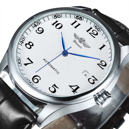 Klassische Herrenuhr – Retro-Design mit Kalender und blauen Zeigern, mechanisches Automatikwerk, renommierte Marke, Edelstahlgehäuse und Lederarmband