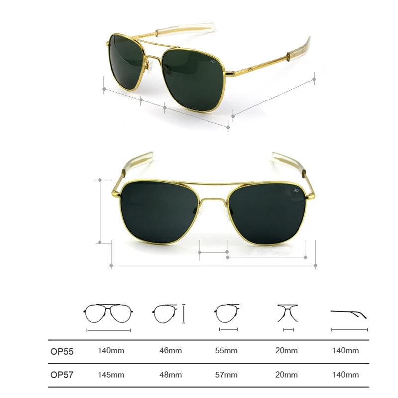 Occhiali da sole Pilot AO da uomo, marca di alta qualità, design AGX, lenti in vetro temperato, occhiali da sole da uomo